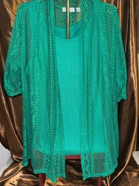 Kim Rogers Green Crochet Openwork Tank & Cardigan Set